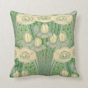 Vintage Art Nouveau Lotus and Poppies Pattern Throw Pillow