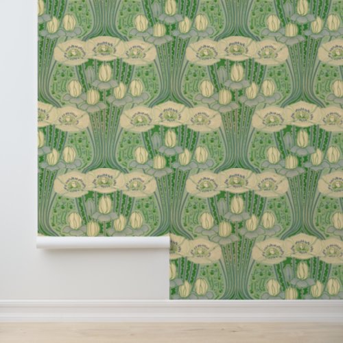 Vintage Art Nouveau Lotus and Poppies Pattern Wallpaper