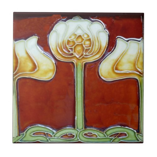 Vintage Art Nouveau Lotus Flowers on Red Frieze Ceramic Tile