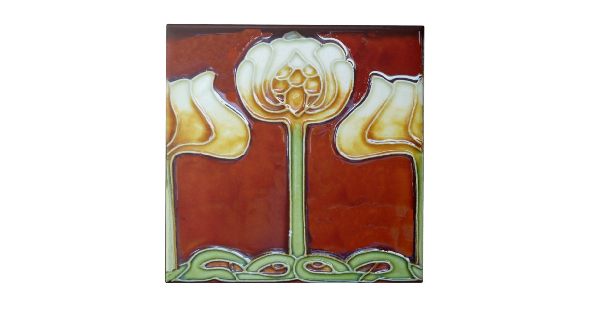 Vintage Art Nouveau Lotus Flowers on Red Frieze Ceramic Tile | Zazzle