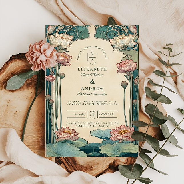 Vintage Art Nouveau Lotus Wedding Invitation (Creator Uploaded)