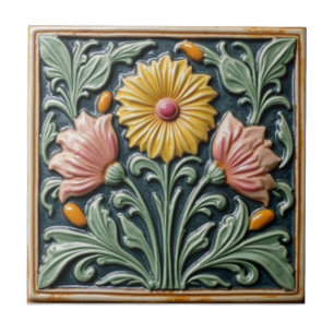 Vintage Art Nouveau  Majolica Floral Craftsman Ceramic Tile