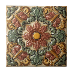 Vintage Art Nouveau Majolica Floral Craftsman Ceramic Tile