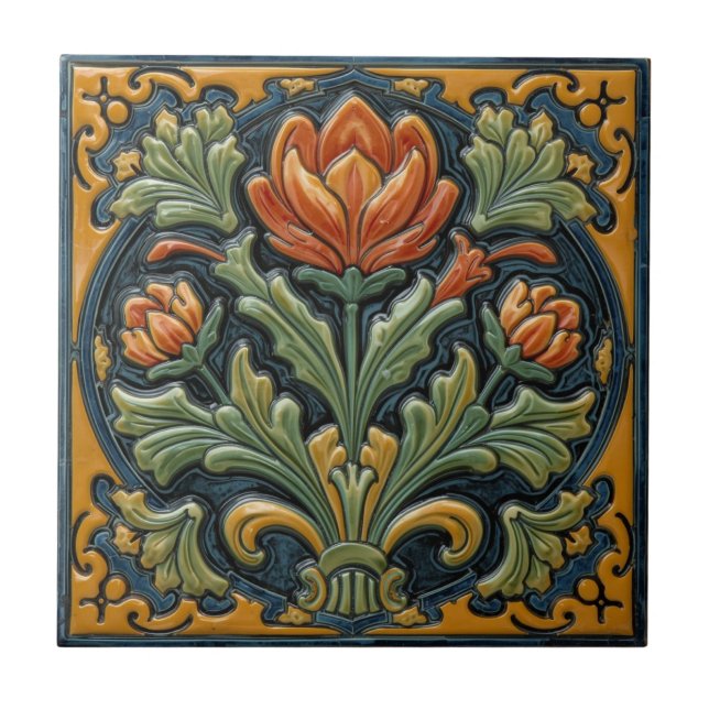 Vintage Art Nouveau  Majolica Floral Craftsman Ceramic Tile (Front)
