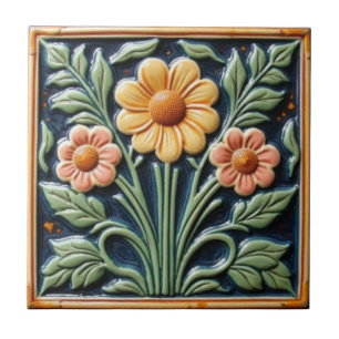 Vintage Art Nouveau  Majolica Floral Craftsman Ceramic Tile