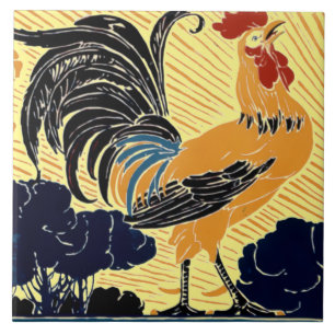 Vintage Art Nouveau Morning Sun Rooster Ceramic Tile