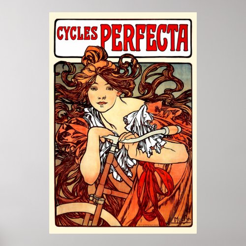 Vintage Art Nouveau Mucha Girl on Bicycle Poster