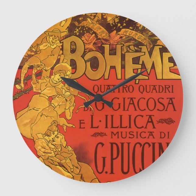 Vintage Art Nouveau Music, La Boheme Opera, 1896 Large Clock (Front)