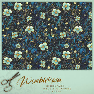 Vintage Art Nouveau Navy and Teal Floral Decoupage Tissue Paper