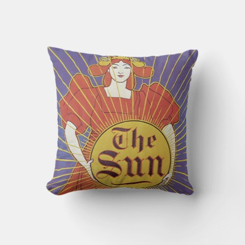 Vintage Art Nouveau New York Sun Newspaper Throw Pillow