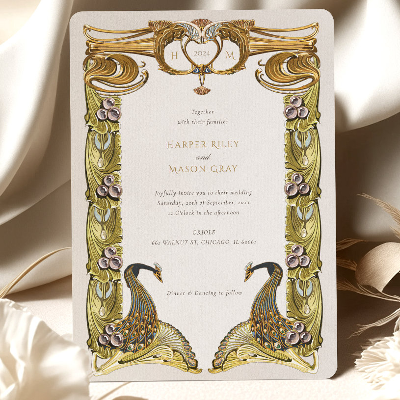 Vintage Art Nouveau Peacock Feather Wedding                    Invitation