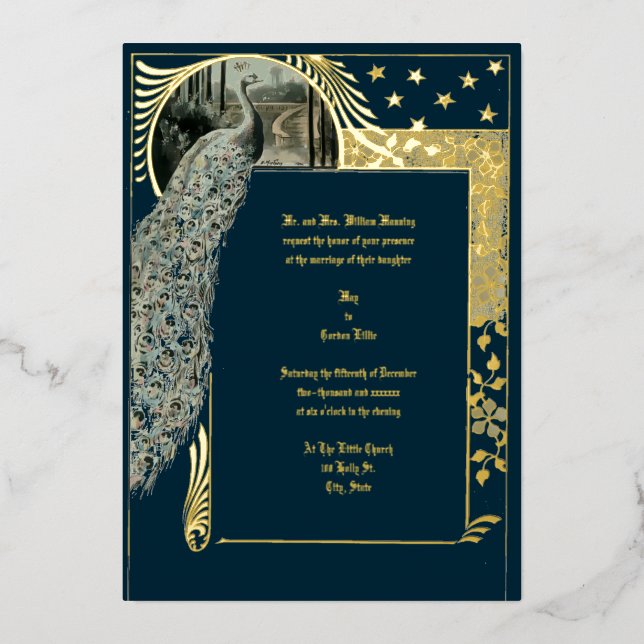 Vintage Art Nouveau Peacock Foil Invitation (Front)