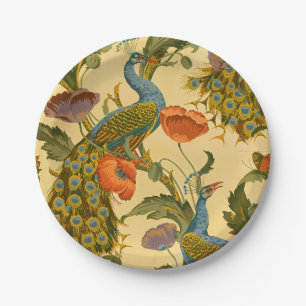 Vintage Art Nouveau Peacock Poppy Floral Pattern Paper Plates