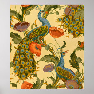 Vintage Art Nouveau Peacock Poppy Floral Pattern Poster