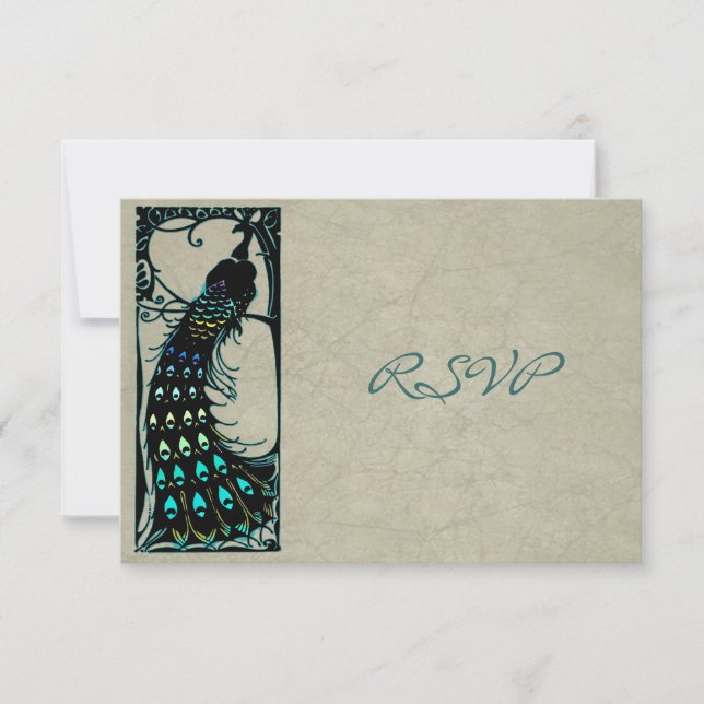 Vintage Art Nouveau Peacock Wedding RSVP (Front)