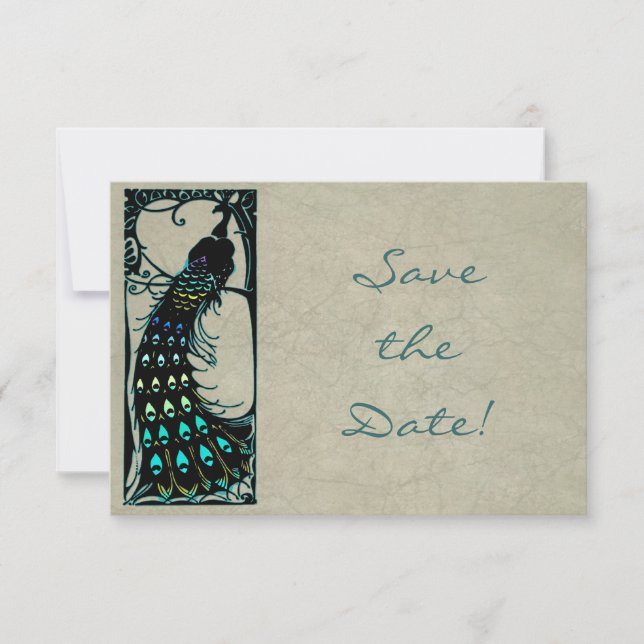 Vintage Art Nouveau Peacock Wedding Save the Date (Front)