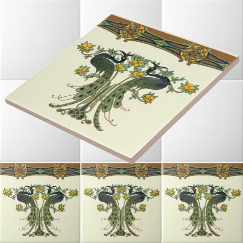 Vintage Art Nouveau Peacocks  Fruit Trees Frieze Ceramic Tile