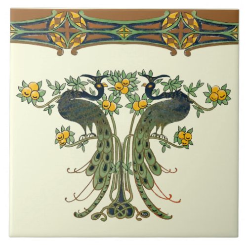 Vintage Art Nouveau Peacocks  Fruit Trees Frieze Ceramic Tile