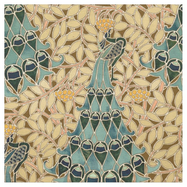 Vintage Art Nouveau Peacocks In Trees Pattern Fabric (Close Up)