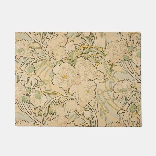 Vintage Art Nouveau, Peonies by Alphonse Mucha Doormat