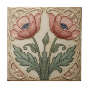 Vintage Art Nouveau pink Poppies  Floral  Ceramic Tile