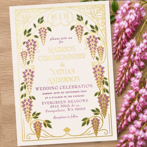 Vintage Art Nouveau Pink Wisteria Wedding Foil Invitation
