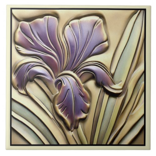 Vintage Art Nouveau Purple Iris Bas Relief  Ceramic Tile