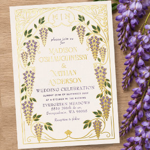 Vintage Art Nouveau Purple Wisteria Wedding Foil Invitation