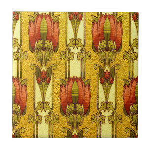 Vintage Art Nouveau Red Tulip Floral Pattern Ceramic Tile