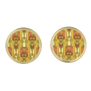 Vintage Art Nouveau Red Tulip Floral Pattern Cufflinks