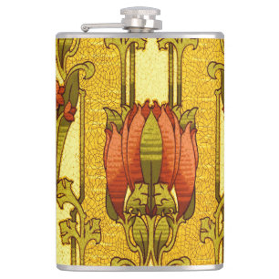 Vintage Art Nouveau Red Tulip Floral Pattern Flask