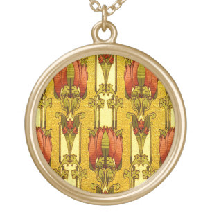 Vintage Art Nouveau Red Tulip Floral Pattern Gold Plated Necklace