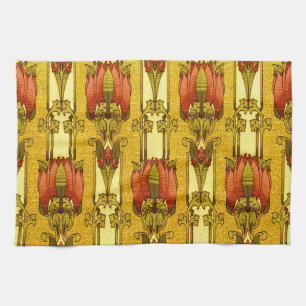 Vintage Art Nouveau Red Tulip Floral Pattern Kitchen Towel