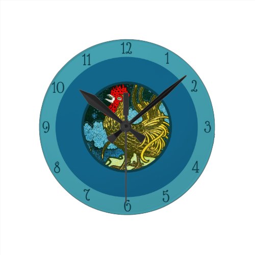 Vintage Art Nouveau Rooster Crowing in Night Blue Round Clock