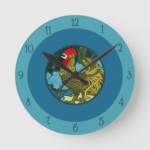 Vintage Art Nouveau Rooster Crowing in Night Blue Round Clock