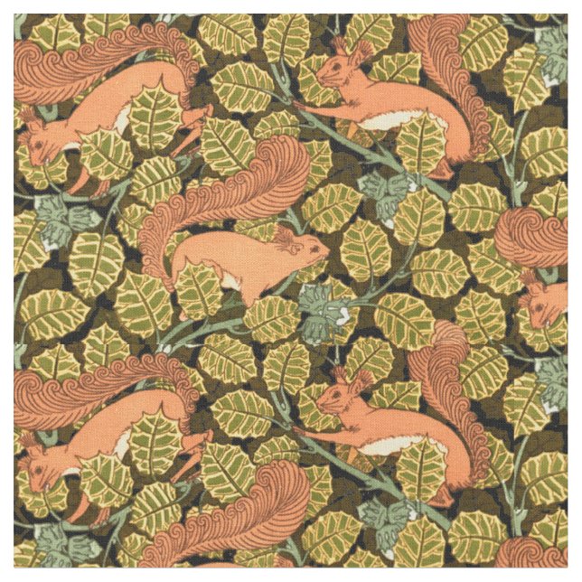 Vintage Art Nouveau Squirrels In Trees Pattern Fabric (Close Up)