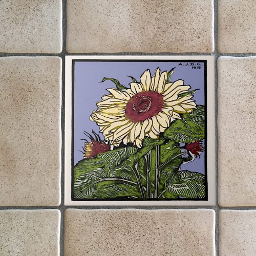 Vintage Art Nouveau Sunflower Colorized Repro Ceramic Tile