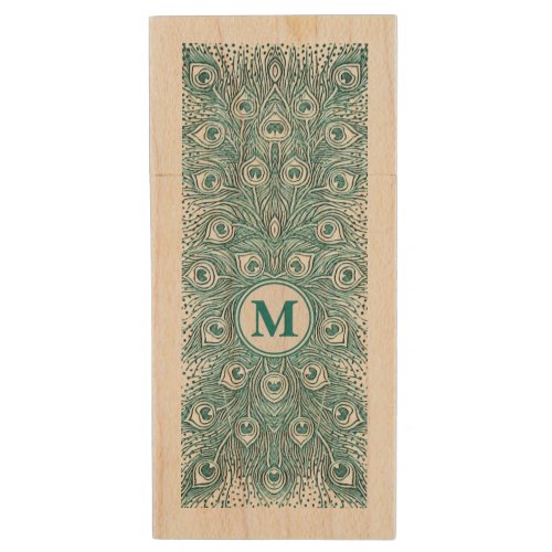 Vintage Art Nouveau Teal Peacock Feathers Monogram Wood Flash Drive