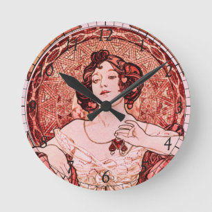 Vintage Art Nouveau The Ruby by Alphonse Mucha  Round Clock
