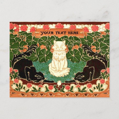 Vintage Art Nouveau Three Cats in Flower Garden Holiday Postcard