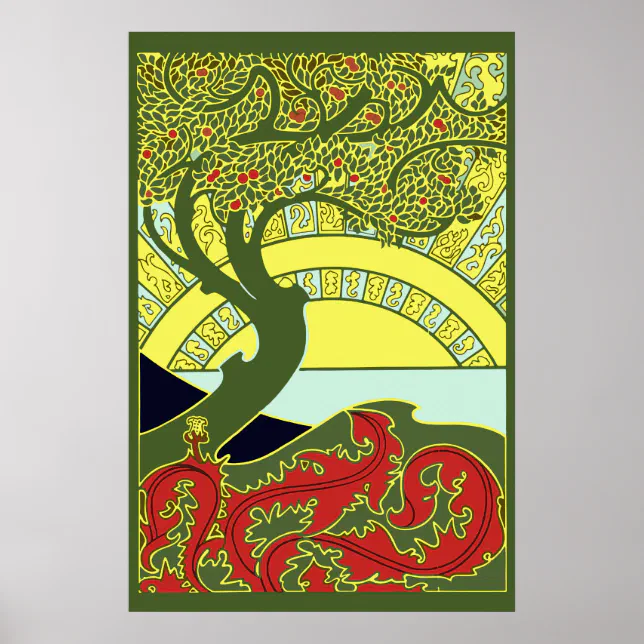 Vintage Art Nouveau Tree & Sunset by G. Combaz Poster | Zazzle