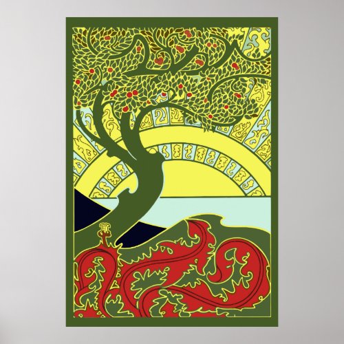 Vintage Art Nouveau Tree  Sunset by G Combaz Poster
