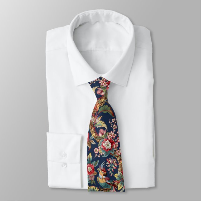 Vintage Art Nouveau Tropical Parrots Pattern Neck Tie (Tied)