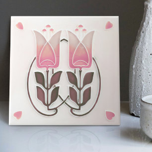 Vintage Art Nouveau Tulips & Hearts Gibbons Ceramic Tile
