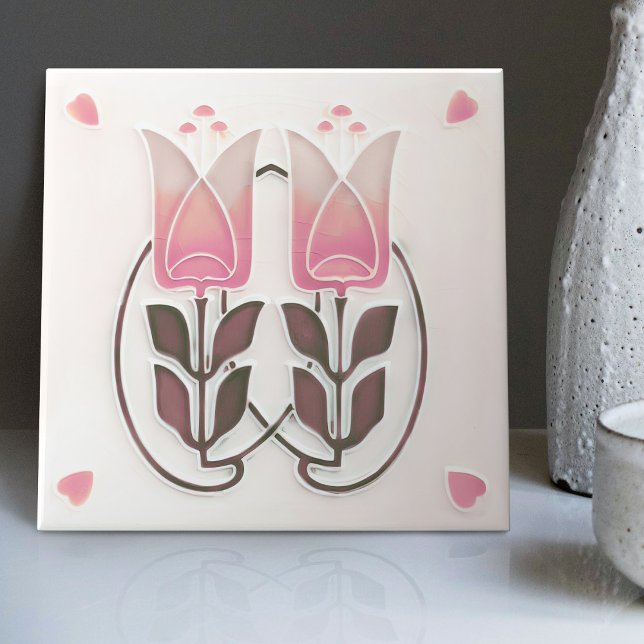 Vintage Art Nouveau Tulips & Hearts Gibbons Ceramic Tile (Creator Uploaded)