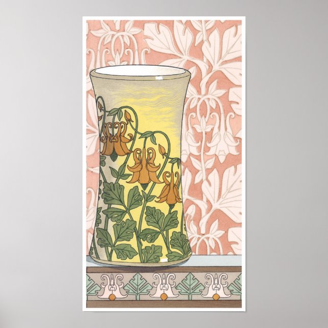 Vintage Art Nouveau, Vase with Columbine Flowers Poster (Front)