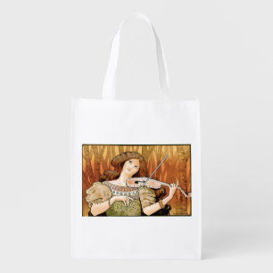 Vintage Art Nouveau Violin Poster Elegant Music Grocery Bag