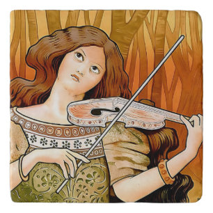 Vintage Art Nouveau Violin Poster Elegant Music Trivet