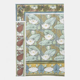 Vintage Art Nouveau, Waterlily Garden Flowers Kitchen Towel