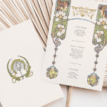Vintage Art Nouveau Wedding Cuisine Menu Card<br><div class="desc">Impress your guests with this exquisite Vintage Art Nouveau Wedding Cuisine Menu Card. The front showcases a stunning design with intricate floral patterns and elegant female profiles in rich, earthy tones of green, gold, and pastel hues. The ornate detailing frames your menu selections, adding a touch of timeless elegance to...</div>